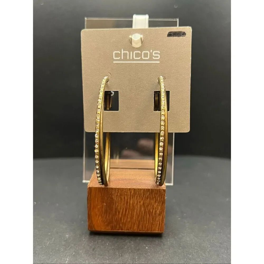 New! Chico's Matte Gold Tone Pave Clear Rhinestone Oblong Oval Hoops